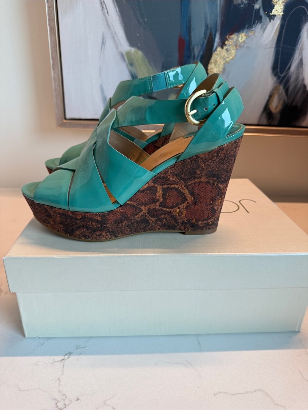 Joan & David Turquoise Patent Leather Wedge Sandals